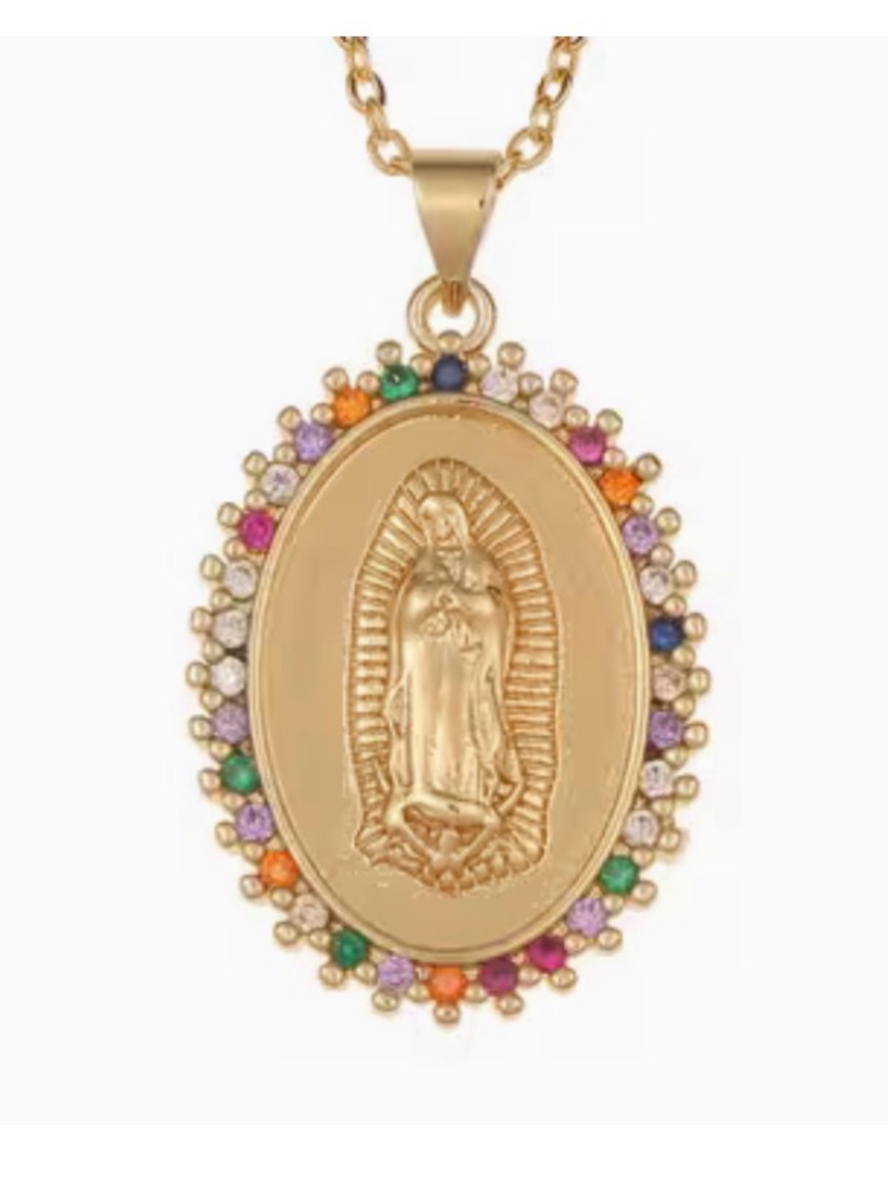 Virgin Mary Pendant Necklace with Multicolor Stones